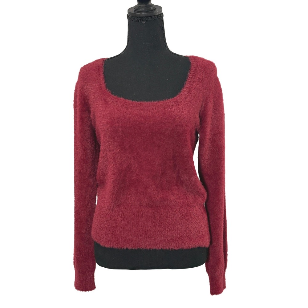 ASTR Red Fuzzy Eyelash Sweater Size M Square Neck Holiday Whimsigoth Coquette